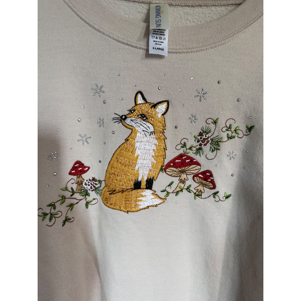 Morning Sun Sweatshirt Womens XL Tan EUC Fox Mushroom Embroidered Cottagecore